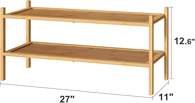 Bamboo Shoe Rack, 2-Tier Shoe Rack for Entryway, Free Standing Shoe Racks for Indoor & Outdoor, Stackable Shoe Organizer for Closet,