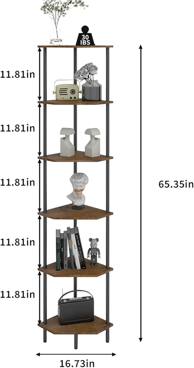 6 Tier Corner Shelf with LED Light,Tall Standing Shelf Organizer,Narrow Bookshelf,The Classic Combination of Rustic Brown and Black Standing Bookcase,Suitable for Bedroom,Living Room,Kitchen