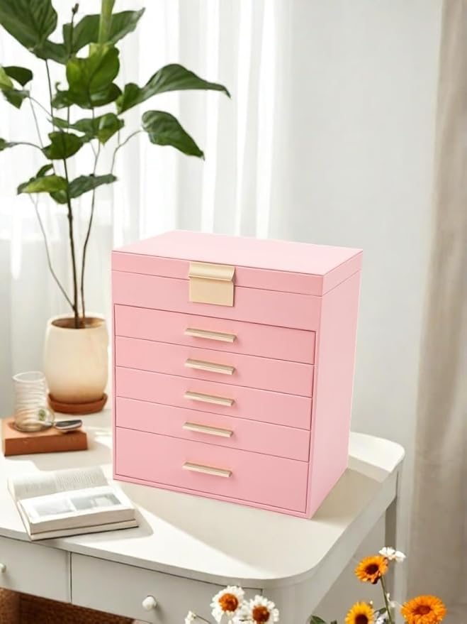 BOOVO Jewelry Box with Necklace Hanger – 6 layer Jewelry Organizer for Women with 5 Drawers, Large Jewelry Storage Boxes –Jewelry Organizers and Storage for Earrings, Necklaces (Pink, 6 layer)