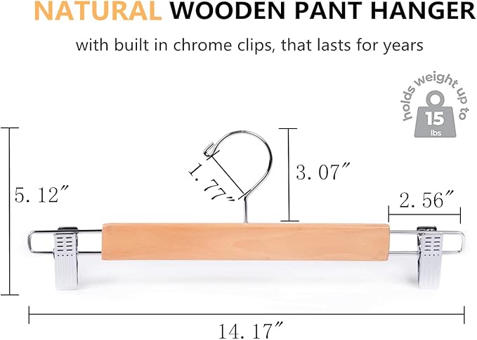 Amber Home 10 Pack 14.17" Solid Natural Wooden Pant Skirt Hangers, Bottom Hangers for Slacks Trousers Jeans with 2-Adjustable Anti-Rust Clips (Natural, 10 Pack)
