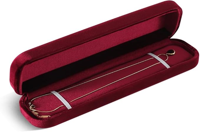 Resilient Velvet Ring Earrings Bracelet Necklace Display Box, Travel Mini Jewelry Organizer Case (Red, Long Chain Box)