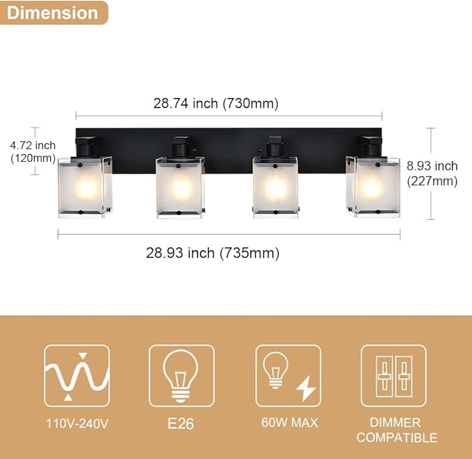 4-Lights Bathroom Vanity Lighting Over Mirror, Black Bathroom Wall Light Fixtures with Frosted Rectangular Glass Shade for Bath Living Room, E26 Bulb Base
