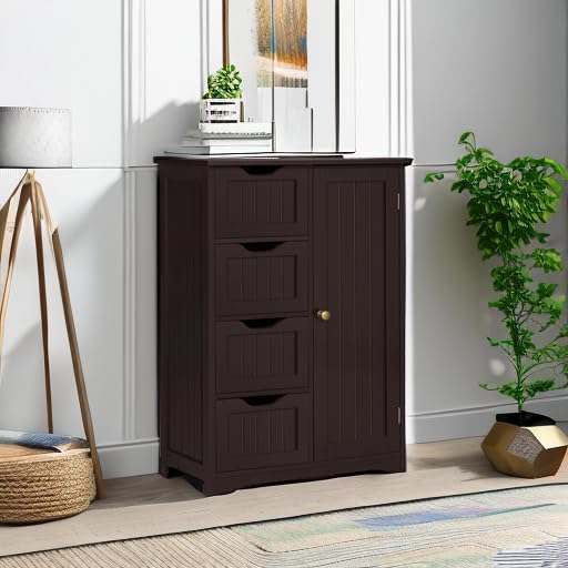 Yaheetech Large Bathroom Floor Cabinet with 4 Drawers and Single Door Cabinet, Freestanding Storage Cabinet for Living Room Kitchen Hallway, Espresso