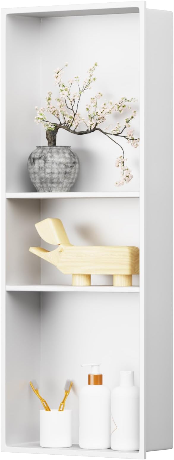 12" X 30" Shower Niche Insert Tile Ready, Niche for Shower Wall, 3-Tier Stainless Steel Recessed Shelves No Tile Needed for Bathroom Storage, White