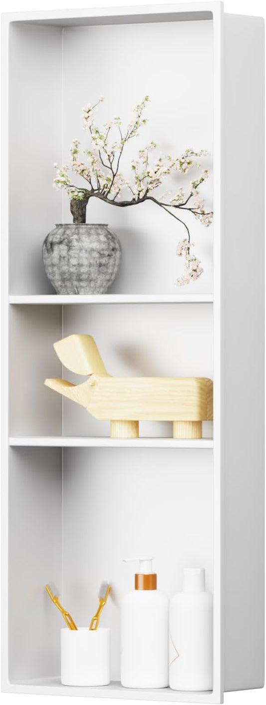 12" X 30" Shower Niche Insert Tile Ready, Niche for Shower Wall, 3-Tier Stainless Steel Recessed Shelves No Tile Needed for Bathroom Storage, White