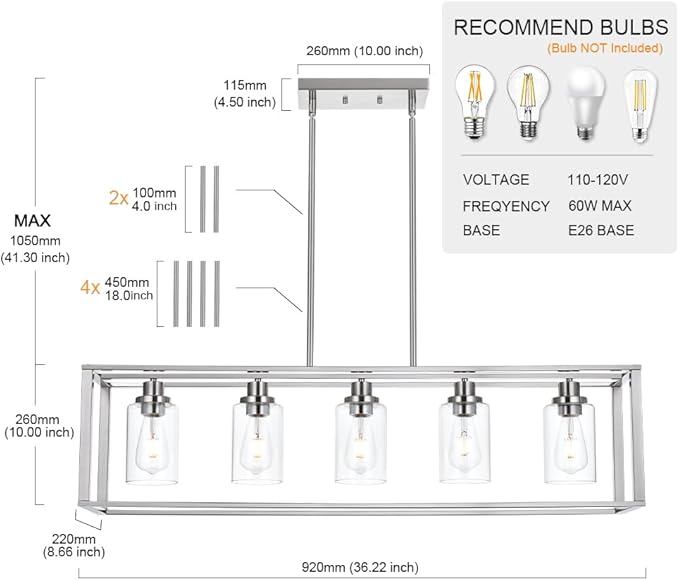 VINLUZ 5 Light Industrial Modern Dining Room Chandelier in Brushed Nickel Finish with Clear Glass Shade Classic Pendant Island Lighting Fixture for Living Room Bedroom