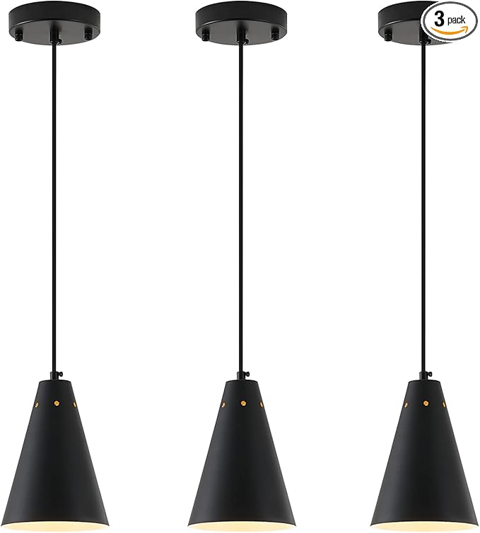Dijiahua Black Pendant Lights 3 Pack for Kitchen Island,Small Modern Industrial Chandeliers with Cone Metal Shade,Mini Adjustable Cord Hanging Lighting Fixtures for Over Sink,Bar,Dining Room
