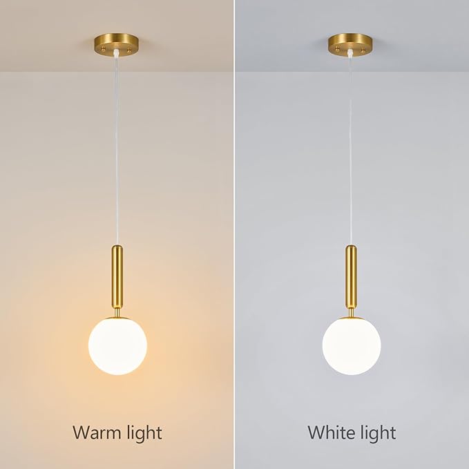 Modern Hanging Light Fixture Pendant Lighting for Kitchen Island Mid Century Gold Pendant Lights with Globe Milky White Glass Pendant Light for Bedroom Bathroom Entryway (2 Pack)