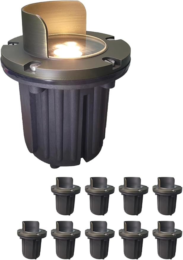 MALORY Brass Top Cover Landscape Well Lights, (6''H) 12V Low Voltage Outdoor In Ground Lights,Anti-Glare Waterproof Landscape Lighting for Pathway, Driveway (Shield Top, 10-Pack Without Bulb)