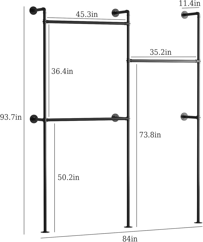 Industrial Pipe Clothing Rack Wall Mount, Black Pipe Clothes Rack with 3 Hanging Rods, Heavy Duty Pipe Clothing Rack for Laundry Room, Closet Systems for Walk in Closets