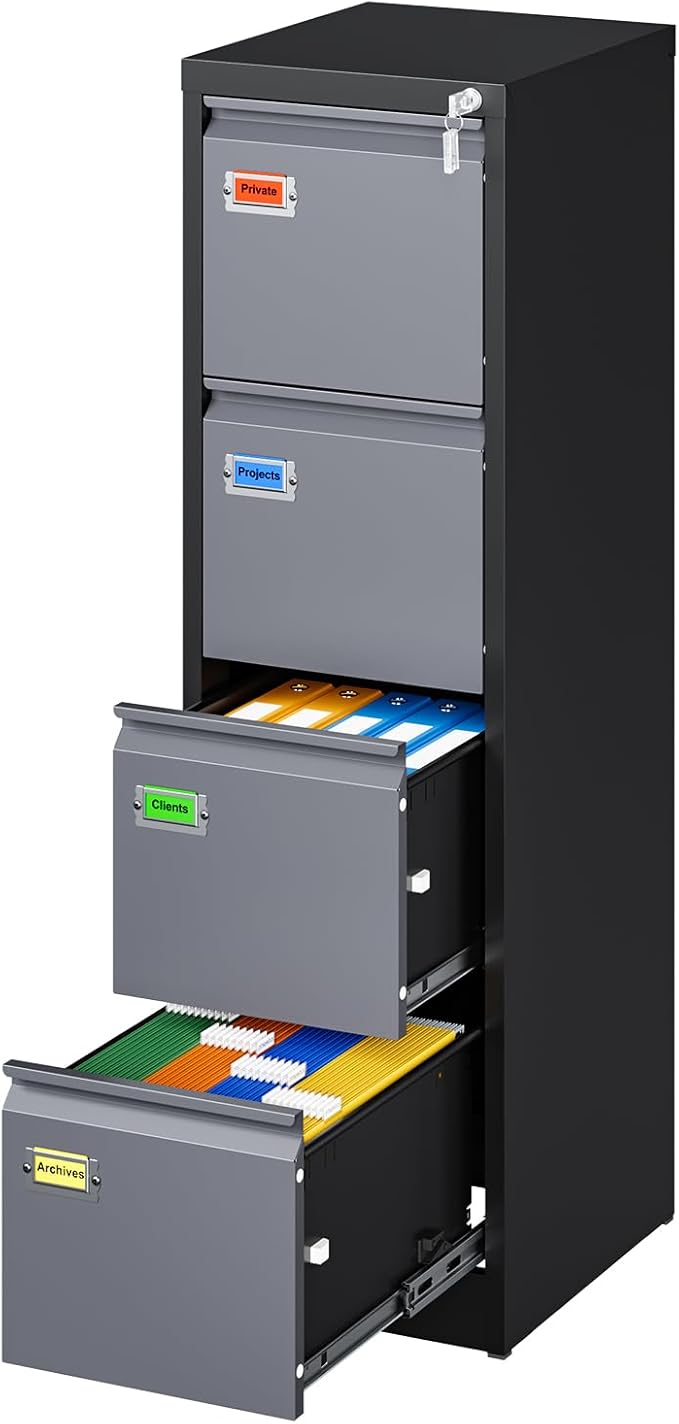 4 Drawer File Cabinet, Vertical Filing Cabinets with Lock, Metal File Cabinets for Home Office, Anti-Tip 4 Storage Drawers for Letter/Legal/A4/F4 Size (Assemble Required, Black)