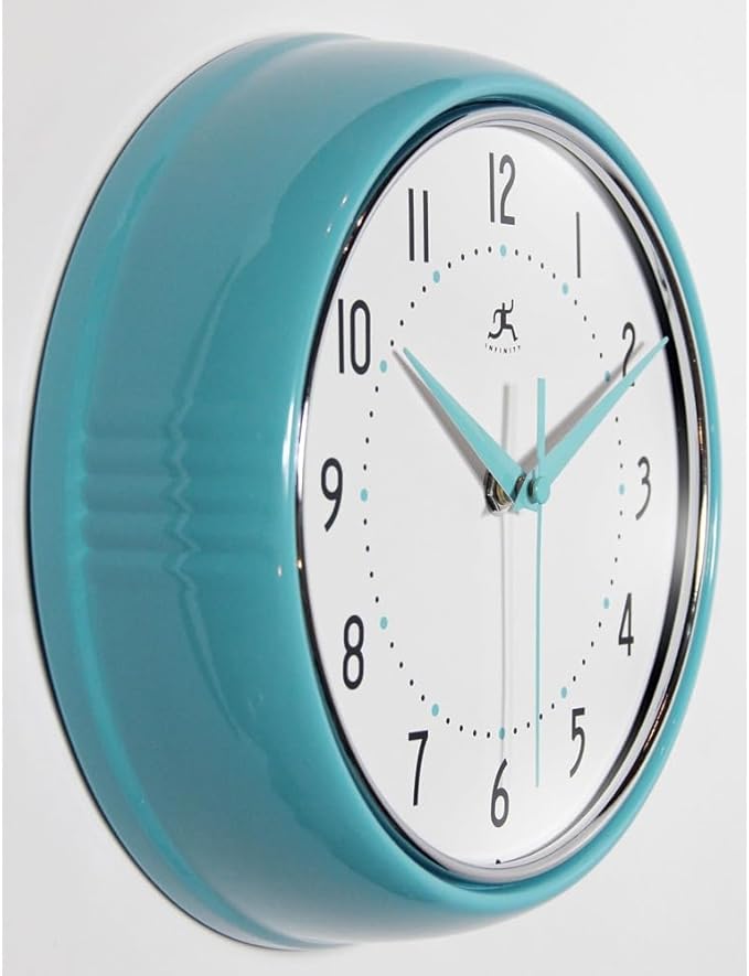 Infinity Instruments LTD. Retro 9 inch Silent Sweep Non-Ticking Mid Century Modern Kitchen Diner Wall Clock Quartz Movement Retro Wall Clock Decorative (Turquoise)…