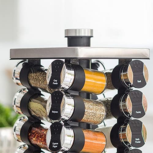 Orii 20 Jar Spice Rack with Spices Included - Tower Organizer for Kitchen Spices and Seasonings, (Silver Black)