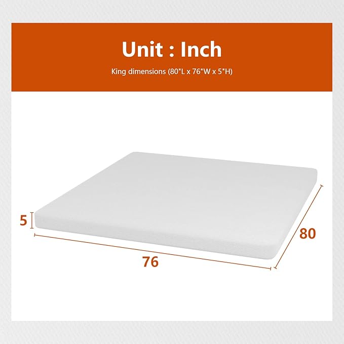 5 Inch Gel Memory Foam Mattress Medium Firm Mattresses CertiPUR-US Certified Bed-in-a-Box Pressure Relieving King Size,Fiberglass Free，White