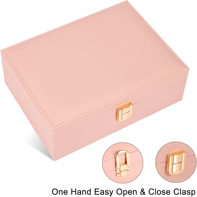 Voova Jewelry Box Organizer for Women Girls, 2 Layer Large Men Jewelry Storage Case, PU Leather Display Jewellery Holder with Removable Tray for Necklace Earrings Rings Bracelets, Vintage Gift, Pink