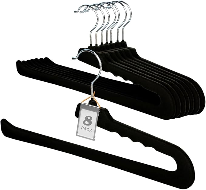 Velvet Pants Hangers,8 Pack Black Non Slip Felt Slack/Trouser,Slim & Sleek Heavy Duty Space Saving Closet Hangers with 360° Swivel Hook,Tank Top for Shorts,Jeans,Suit Pants,Towel