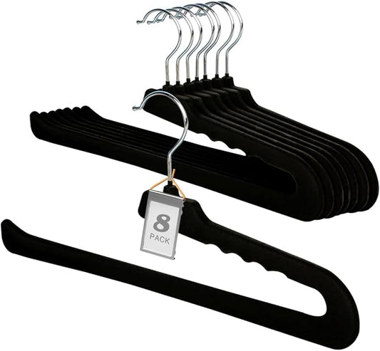 Velvet Pants Hangers,8 Pack Black Non Slip Felt Slack/Trouser,Slim & Sleek Heavy Duty Space Saving Closet Hangers with 360° Swivel Hook,Tank Top for Shorts,Jeans,Suit Pants,Towel