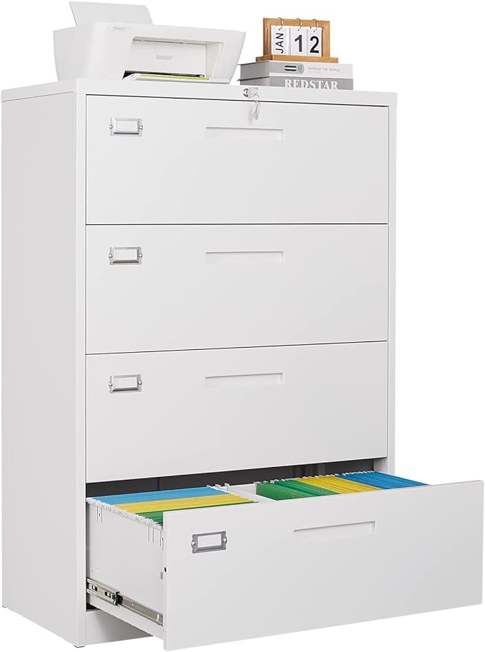 4 Drawer Lateral File Cabinet with Lock,White Lateral Filing Cabinet,Horizontal Metal Filing Cabinet,Locked Wide Four Drawer File Cabinet for Office Home,Fit A4/F4/Letter/Legal File,-Assembly Required