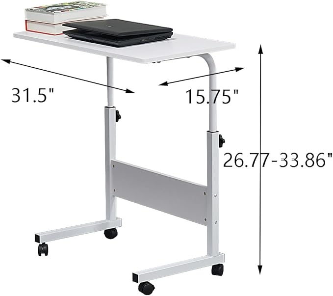 Goujxcy Sofa Side Table C Shaped End Table with Wheels, Rolling Bedside Laptop Table Snack Table TV Tray, Height Adjustable, Wooden Top & Metal Frame