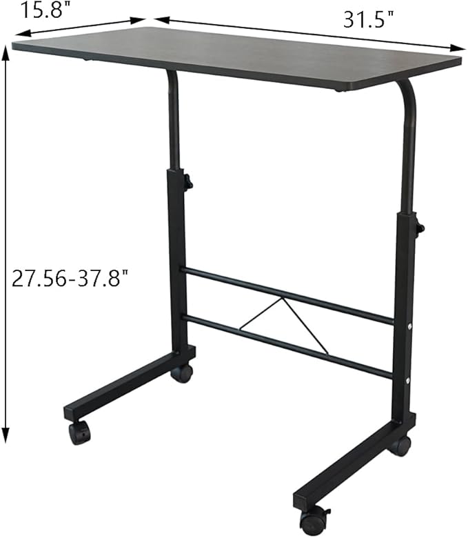 Goujxcy Sofa Side Table C Shaped End Table with Wheels, Black Rolling Bedside Laptop Table Snack Table TV Tray, Height Adjustable, Wooden Top & Metal Frame