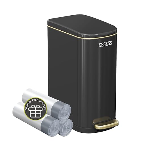 2.6 Gallon Slim Bathroom Trash Can with Soft-Close Foot Pedal, 10L Stainless Steel Garbage Can with Removable Liner Bucket, for Narrow Spaces,Bathroom, Bedroom (Titanium Black)