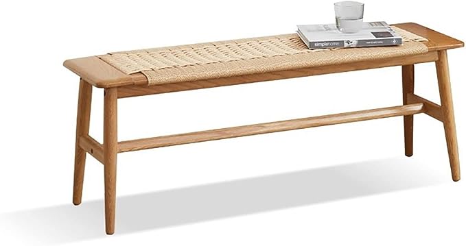31.5'' Woven Dining Beach with 100% Solid Oak Wood Bench Frame, Hand Knitted Rope Designed Bed End Shoe Bench for Kitchen Bedroom Entryway, Beige