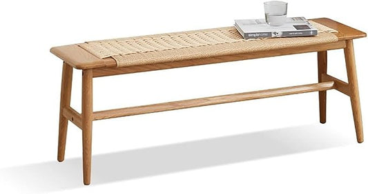 31.5'' Woven Dining Beach with 100% Solid Oak Wood Bench Frame, Hand Knitted Rope Designed Bed End Shoe Bench for Kitchen Bedroom Entryway, Beige