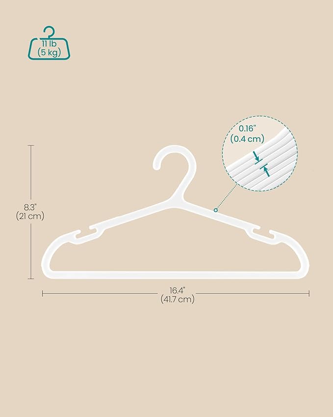 SONGMICS Clothes Hangers, Pack of 50, Plastic Hangers, with Wide Shoulder Notches, Space-Saving Coat Hangers, 16.4 Inches Wide, for Closet, Cloud White UCRP010W01
