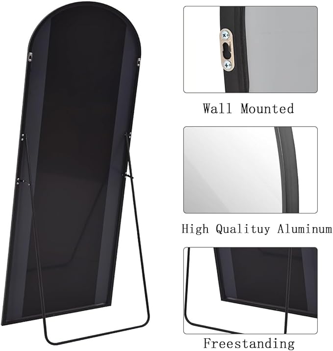 Full Length Mirror, 78"x38" Arched Floor Length Mirror with Stand, Black Body Mirrors Hanging or Leaning, Wall Mirrors Freestanding with Aluminum Frame for Living Room, Bedroom