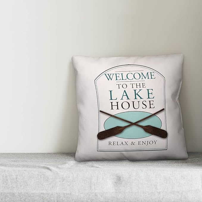 Welcome to The Lakehouse Indoor/Outdoor Pillow | Decorative Pillows for Living Room Couch Bed Sofa Patio, Fluffy Soft Cushion | Water Resistant Blue, 18x18