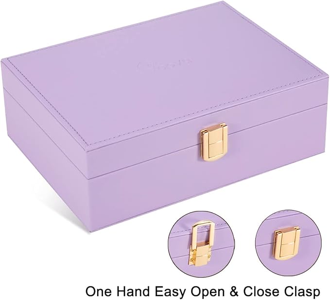 Voova Jewelry Box Organizer for Women Girls, 2 Layer Large Men Jewelry Storage Case, PU Leather Display Jewellery Holder with Removable Tray for Necklace Earrings Rings Bracelets,Vintage Gift,Lavender