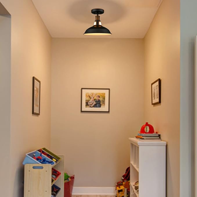 CLAXY 1-Light Semi Flush Mount Light Fixture Farmhouse Ceiling Light with Black and White Shade Dimmable