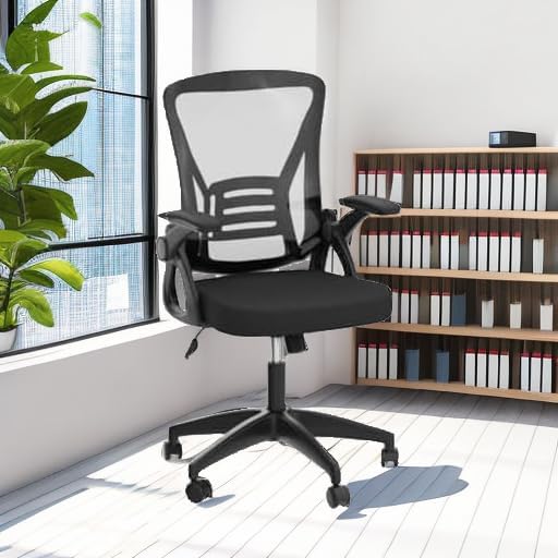 naspaluro Ergonomic Office Chair, Mid Back Desk Chairs with Adjustable Height, Swivel Chair with Flip-Up Arms and Lumbar Support, Breathable Mesh Computer Chair for Home/Study/Working, Dark Black
