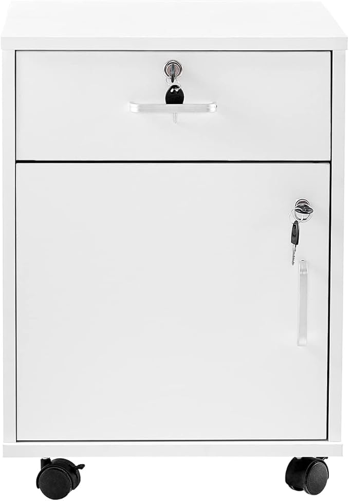 Mobile File Cabinet with Lockable Drawer & Door, Under Desk Storage Cabinet with 360°Swivel Wheels, Wooden Stationery Storage Cabinet for Legal/Letter/ A4 Documents (White)