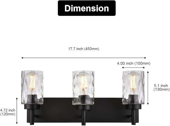 BONLICHT Vanity Light Fixtures 3 Light Modern Wall Sconces Lighting Black Bathroom Lights Wall Mounted with Hammered Glass Shade,Farmhouse Wall Light for Mirror Cabinets, Powder Room, Dressing Table