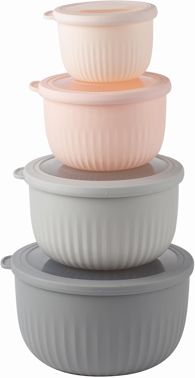 COOK WITH COLOR Prep Bowls with Lids- Wide and Deep Nesting Plastic Small Mixing Bowl Set with Lids, 8 Piece Set - Deep Bowls, Grey/Pink