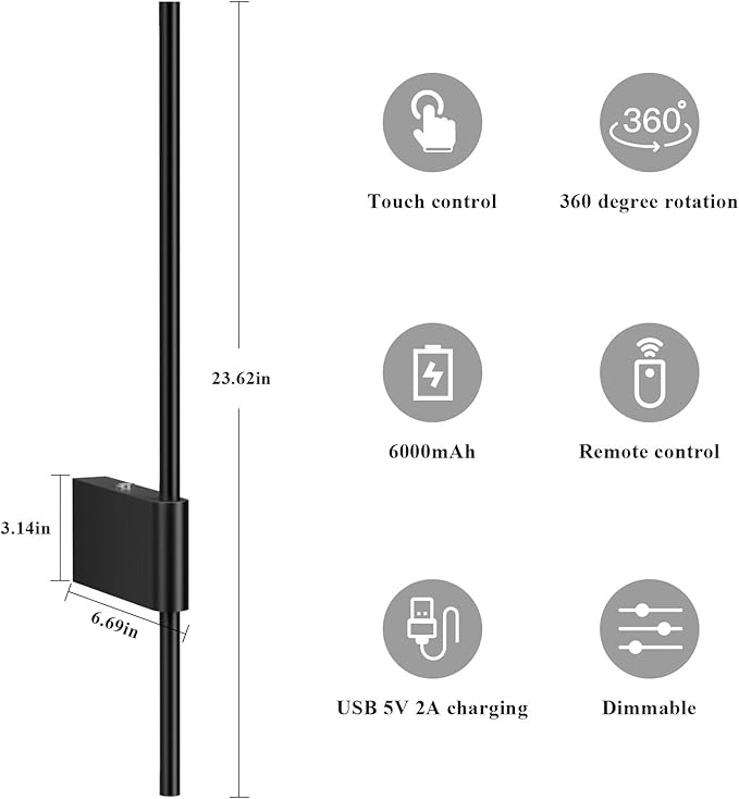 2 Pack Battery Powered Wall Sconces 6000mAh Rechargeable Dimmable LED Wall Lights for Living Room, Hallway, Bedroom, 23.6in Living Room Dressers, 23.62 in