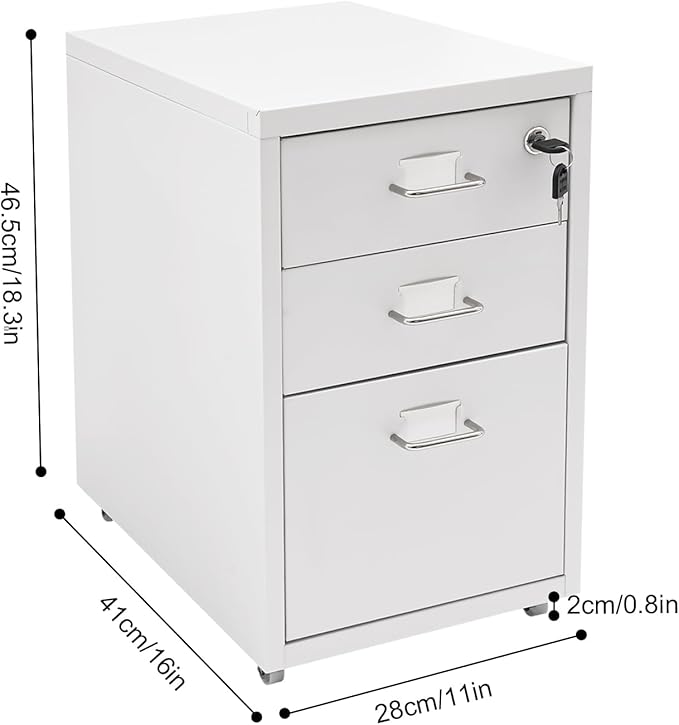 3 Drawer Rolling File Cabinet with Lock, 11 x 16 x 18.3in Filing Cabinet with Wheels, Wood Under Desk Office Storage Cabinet fits A4, Letter Sized Documents for Home Office (White)