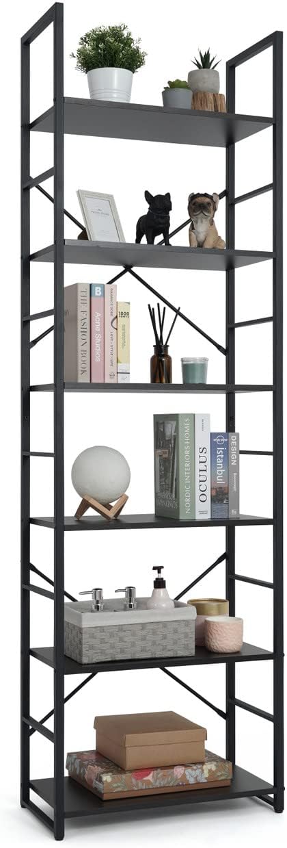 CAPHAUS 6 Tier Bookshelf, 24 Inch Width Free Standing Shelf, Bookcase Shelf Storage Organizer, Industrial Book Shelves for Home Office, Living Room, Kitchen, Black Shelves & Metal Frame