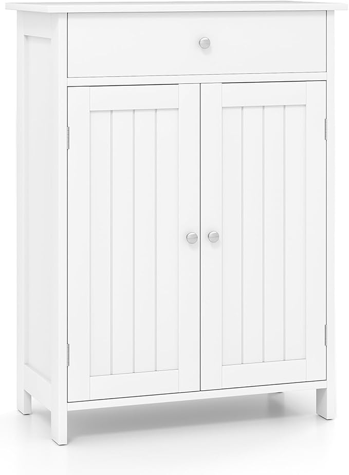 Tangkula Bathroom Storage Cabinet, Freestanding Floor Organizer w/ 2 Doors, 1 Drawer & 1 Adjustable Shelf, Modern Home Bathroom Furniture for Living Room Entryway Kitchen (Cabinet & Drawer, White)