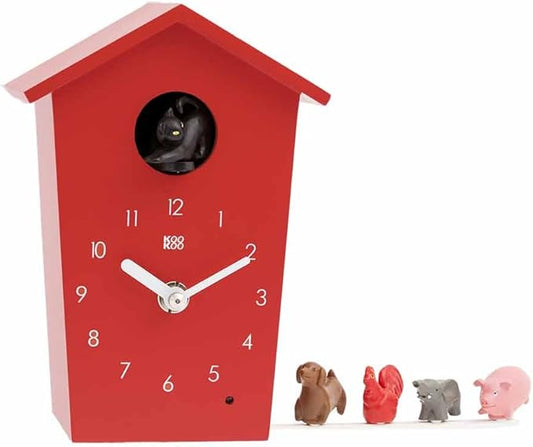 KOOKOO AnimalHouse red, Small Cuckoo Clock with 5 Farm Animals Sounds (Natural Field Recordings)