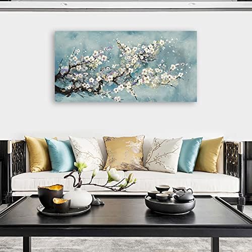 Flowers Wall Art Plum Blossom Canvas Art Botanical Floral Canvas Pictures Grey Blue Canvas Artwork for Bedroom Living Room Bathroom Kitchen Office Home Wall Decor Framed Ready to Hang 24" x 48"