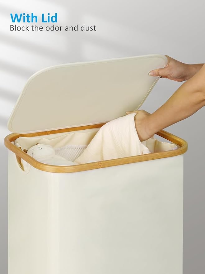 efluky Laundry Basket with Wheels, Tall Rolling Laundry Hamper with Lid and Removable Bag, Aesthetic Dirty Clothes Hamper on Wheels for Laundry Room, Bedroom, Dorm and Bathroom, 100L Beige