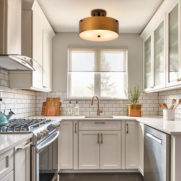 Gold Semi Flush Mount Ceiling Light, Modern Drum Chandelier with Brass Gold Metal Shade, Vintage Close to Ceiling Light for Kitchen Entryway Bedroom Laundry Room, 3-Light, 12 Inch