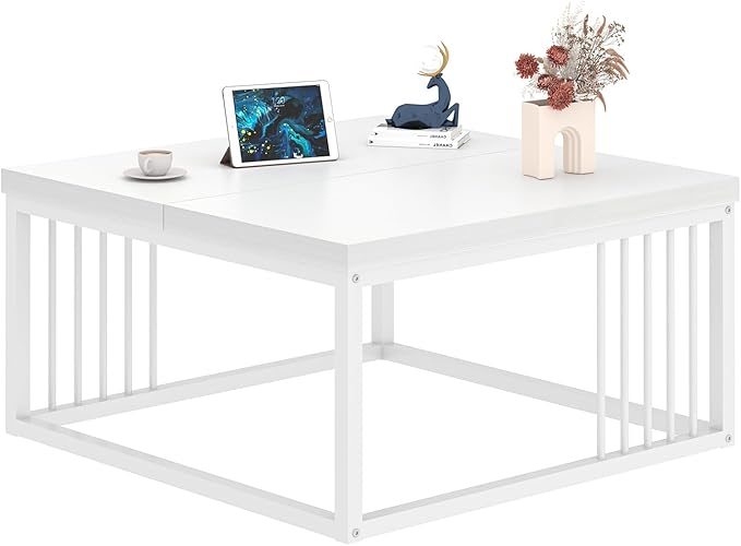 FOLUBAN White Coffee Table, Modern Rustic Wood and Metal Center Table, Industrial Simple Cocktail Tea Table for Living Room, 31.5 Inch