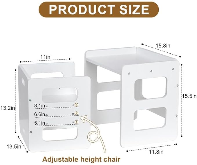 Montessori Weaning Table and Chair Set, Wooden Toddler Table and Chair Set, Adjustable Height Chair Step Stool,1-3 Year Old Kids Montessori Furniture-White