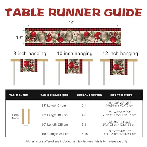 Croar Christmas Balls Dining Table Runner, Xmas Pine Cones Needle Branches Holly Berries Burlap Kitchen Decoration, Winter Holiday Plaid Farmhouse Indoor Outdoor Home Decor Party Supply 13 x 72 Inches