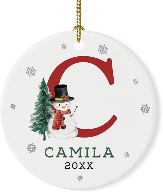 Andaz Press Personalized Christmas Ornament, Custom Name, Initial C Monogram Snowman 2.8" Ceramic Porcelain 2025 Christmas Ornament Keepsake for Kids, Boys, Girls 1-Pack Initial Ornaments