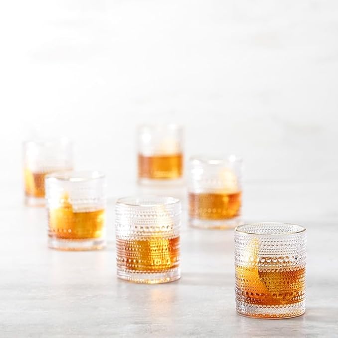 Fortessa Jupiter Beaded Hobnail Glass, 10 Ounce Double Old Fashioned (Set of 6), Gold Rim Clear