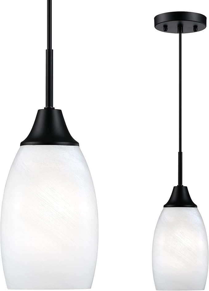 Mini Glass Pendant Light,1-Light Handblown White Oval Art Glass Hanging Pendant Light for Kitchen Island,Dining Room,Living,Foyer,Hallway, Entry Matte Black Metal